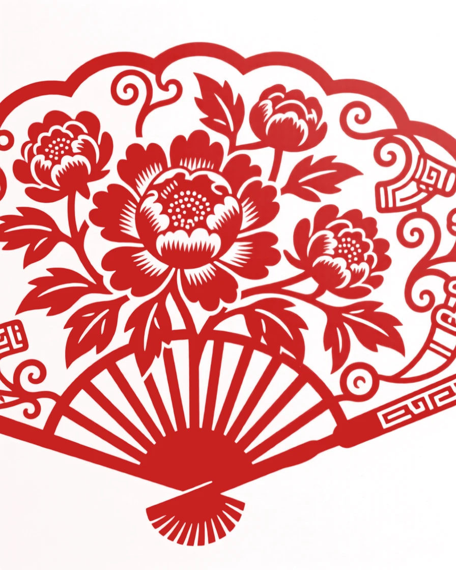 A design of a fan-shaped composition featuring interlocking peony blossoms, radiating outward from a central focal point.