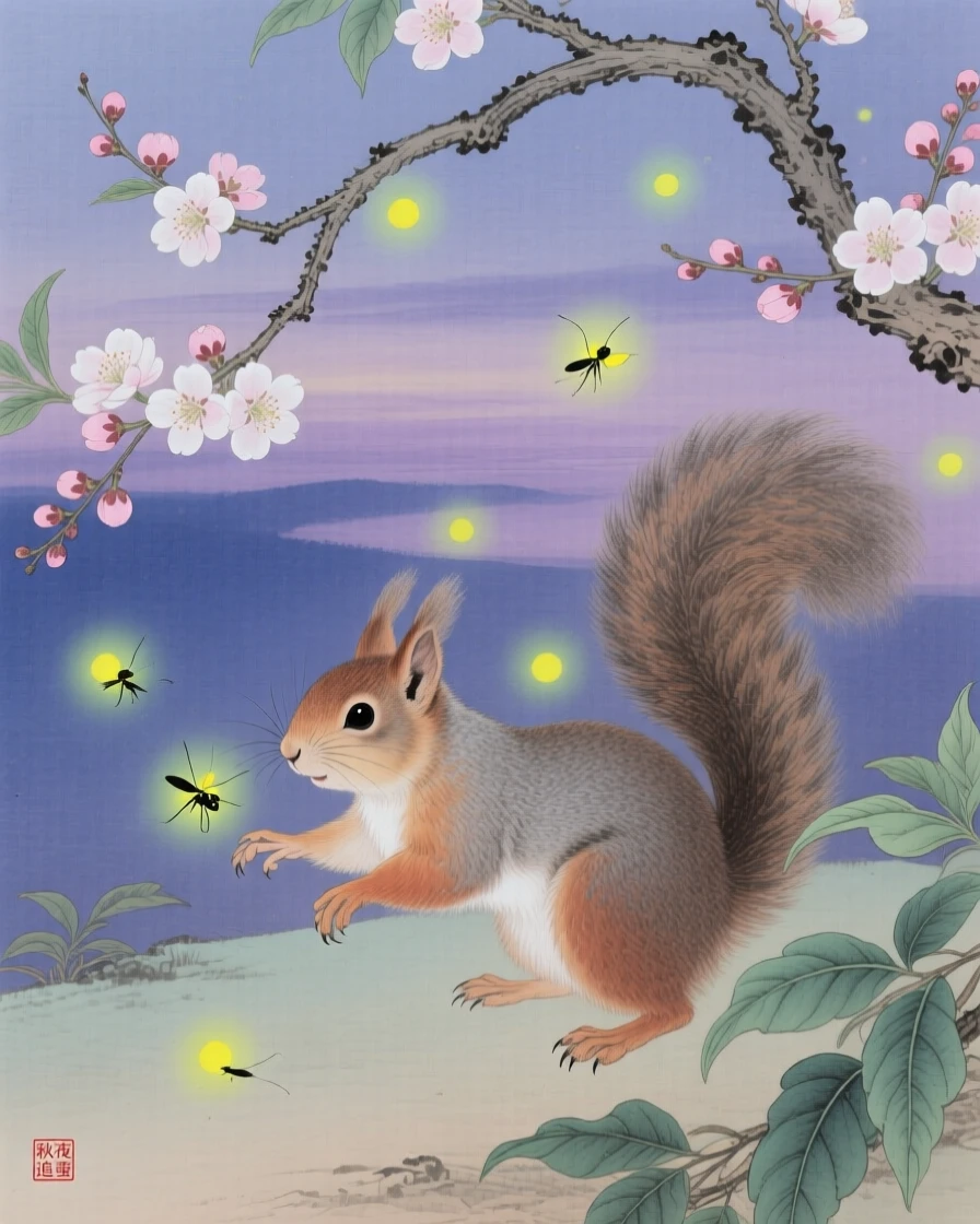 A squirrel chasing fireflies at twilight