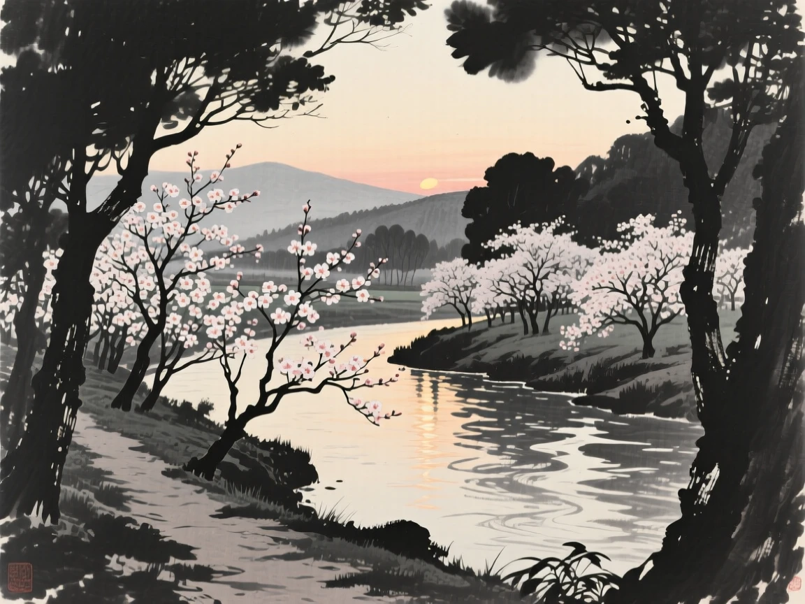 A quiet orchard in full bloom along a river path with the last light of dusk catching the water's surface, framed through a gap in the trees, revealing the valley beyond, carrying a feeling of timeless peace and stillness.