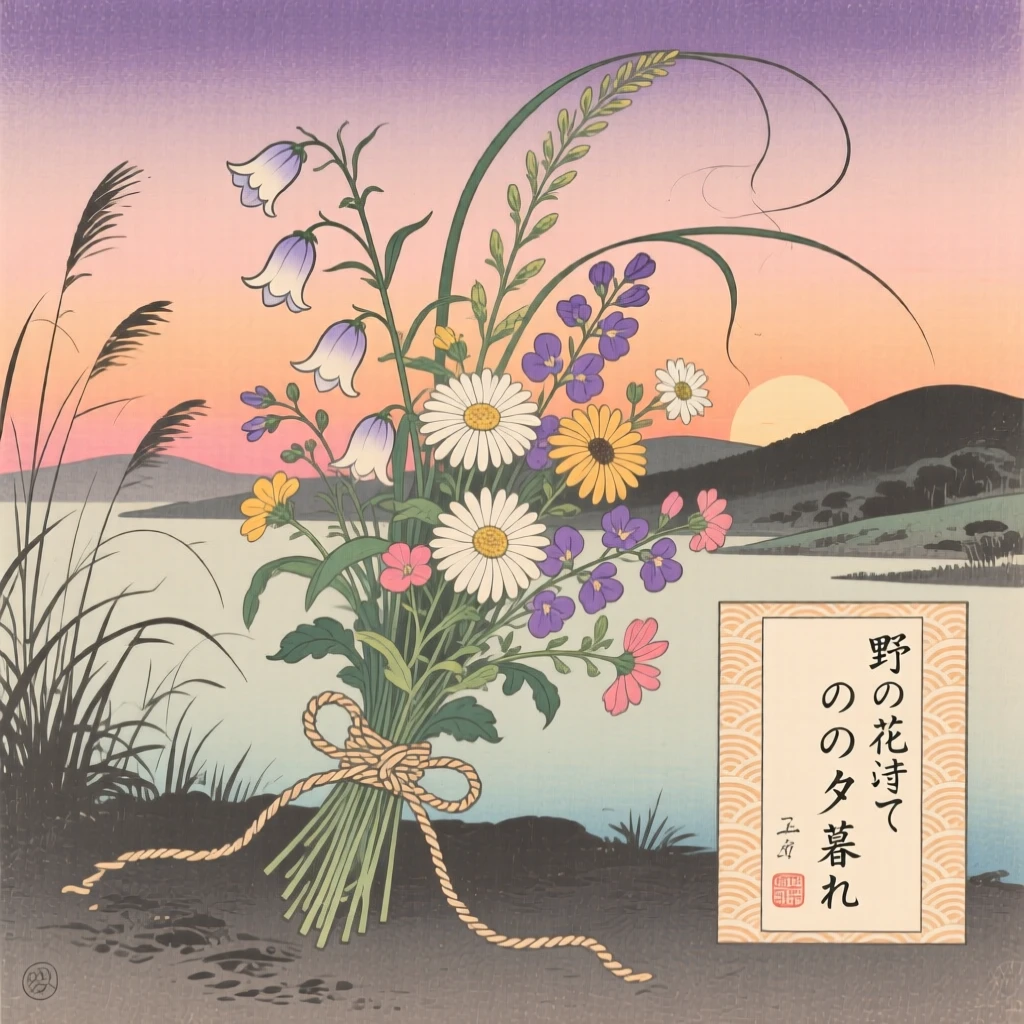 A bouquet of wildflowers tied with twine glowing softly at dusk.