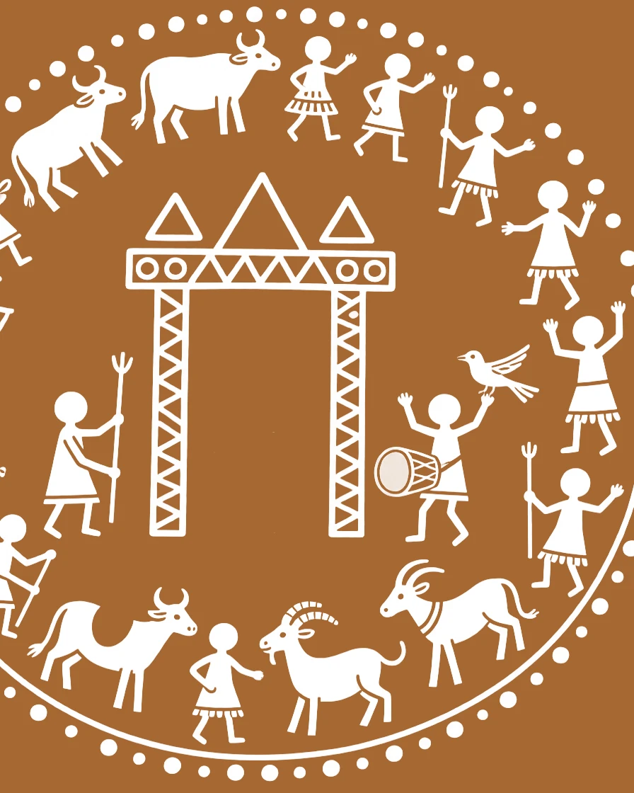 A composition centered on a ceremonial gateway encircled by a procession of animals and villagers.