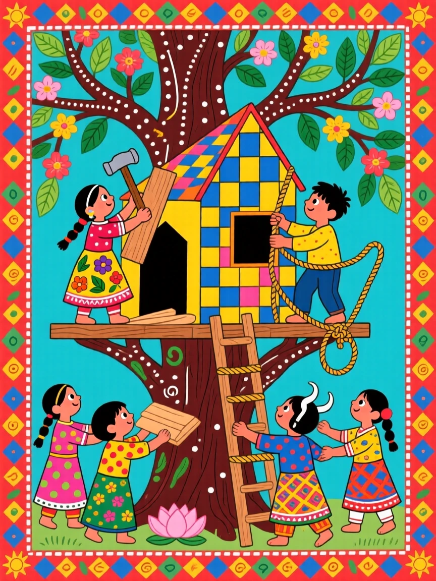 A group of children building a treehouse in an old oak tree.