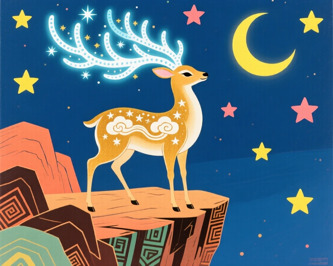 A celestial deer standing at the edge of a cliff, antlers glowing like starlight.
