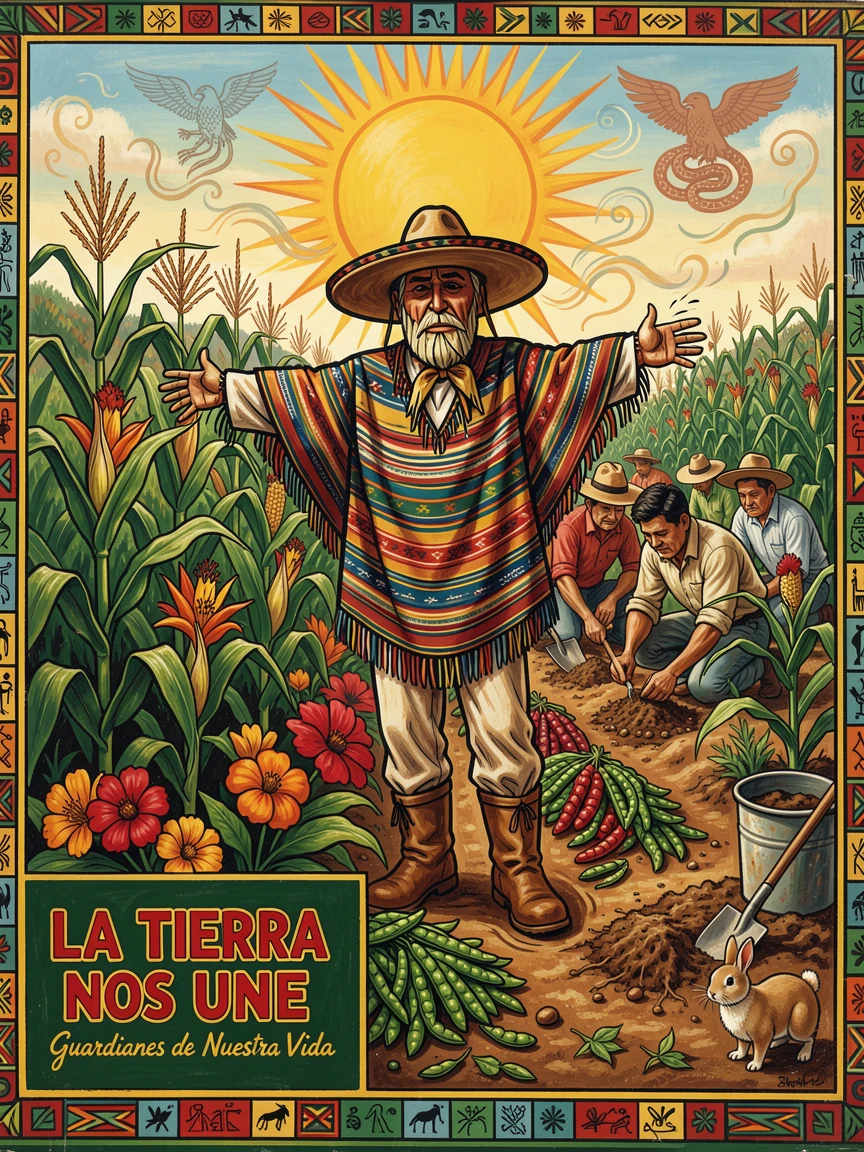 A country garden with a scarecrow watching over the crops