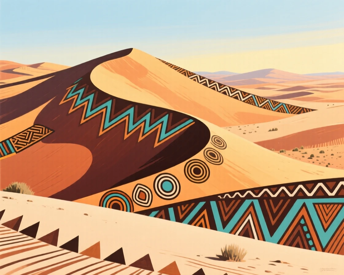 A vast desert dune field shimmering under the midday heat.