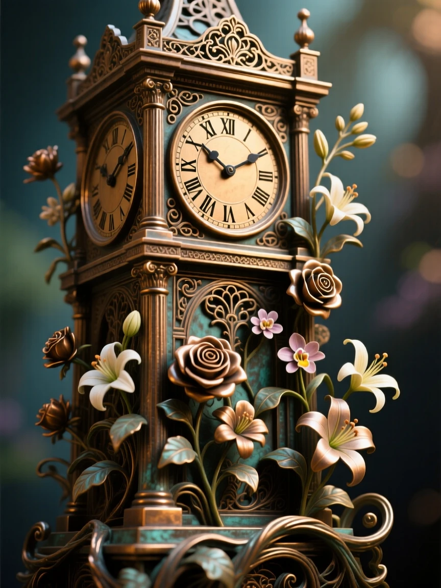A magical clock tower where every hour blooms new flowers, rendered with dreamlike, atmospheric wonder, transporting the viewer to another world