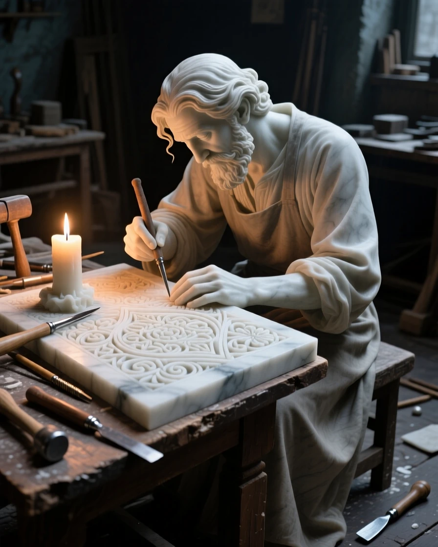 A vivid, emotionally rich scene of an artisan carving intricate patterns by candlelight, captured with cinematic depth and detail, designed to captivate and inspire