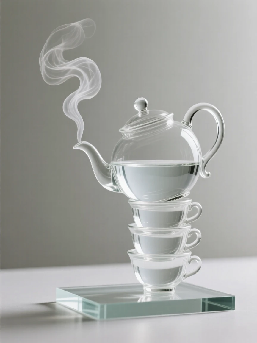 A pot of tea steaming beside a stack of delicate cups as steam rises gently into the morning air