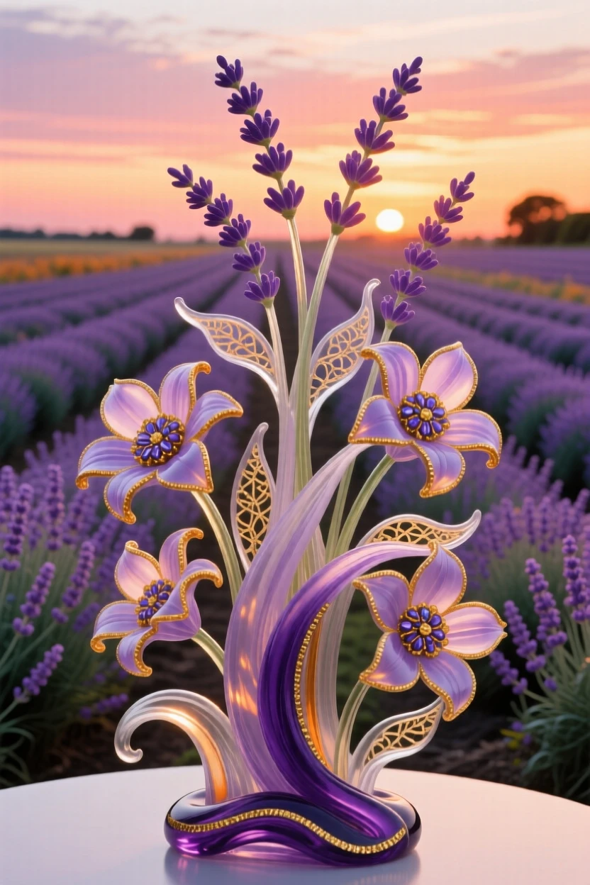 A field of blooming lavender rows glowing beneath a fading autumn sunset, calming and vast.