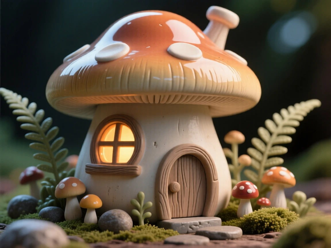 A mushroom house with a glowing round window arranged as if from a beloved fairytale page, set within a cozy, detailed miniature world, radiating coziness and storybook charm.