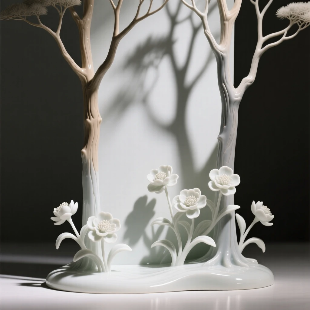 A surreal composition where shadows cast by trees bloom into flowers on the ground, suspended in a moment of serene stillness.