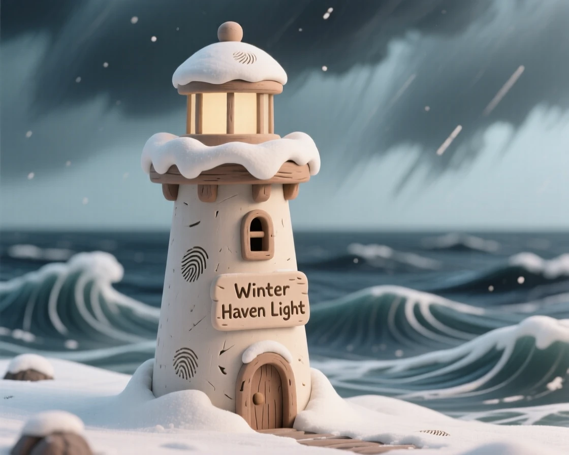 A winter snow-covered lighthouse standing against a stormy sea