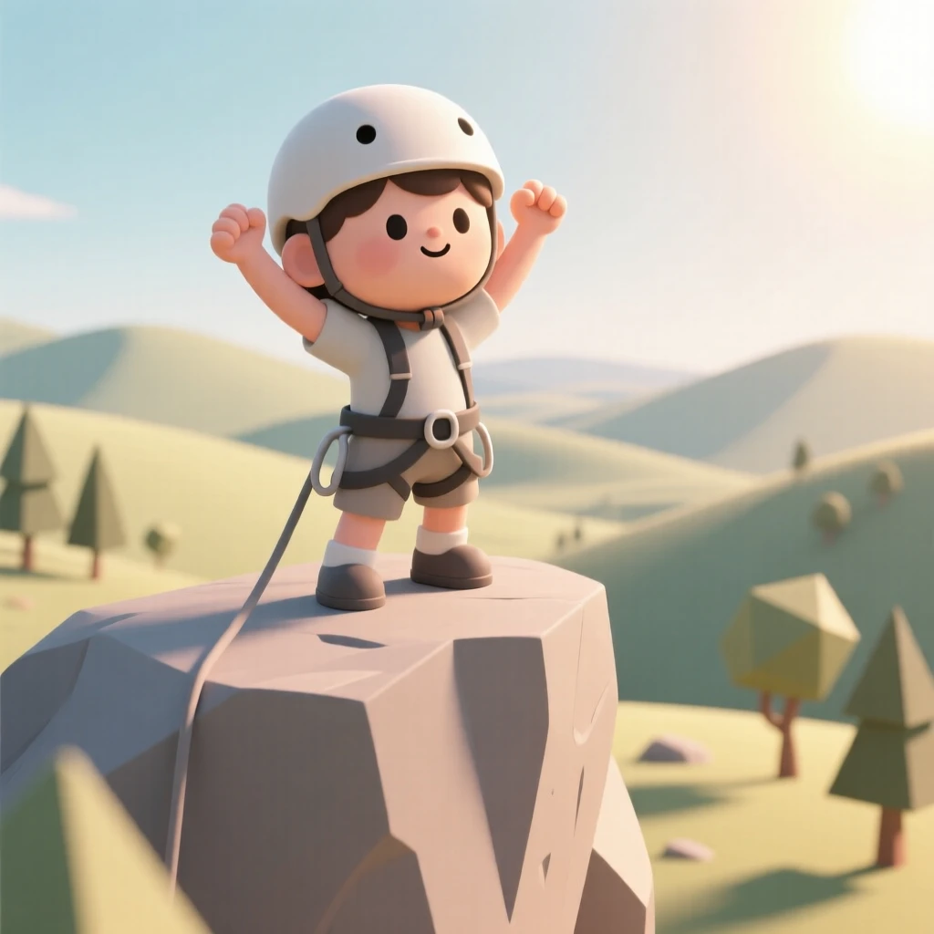 A determined young rock climber celebrates atop a sunlit cliff, arms raised against a sweeping valley view.
