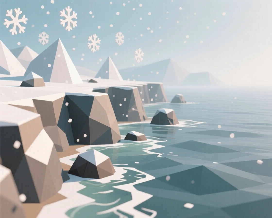 A rugged coastline with crashing waves, beneath a blanket of soft snowfall. fine atmospheric haze adds depth to the distance. A gentle warmth radiates through the scene.