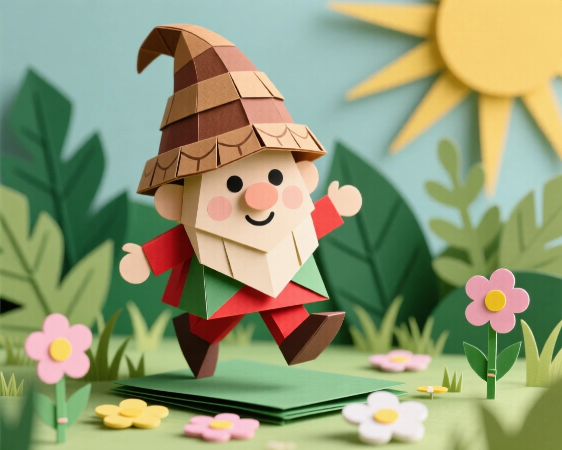 A tiny acorn-capped gnome bouncing through a sunlit garden, with little flowers blooming in its wake, evoking cozy storybook charm.