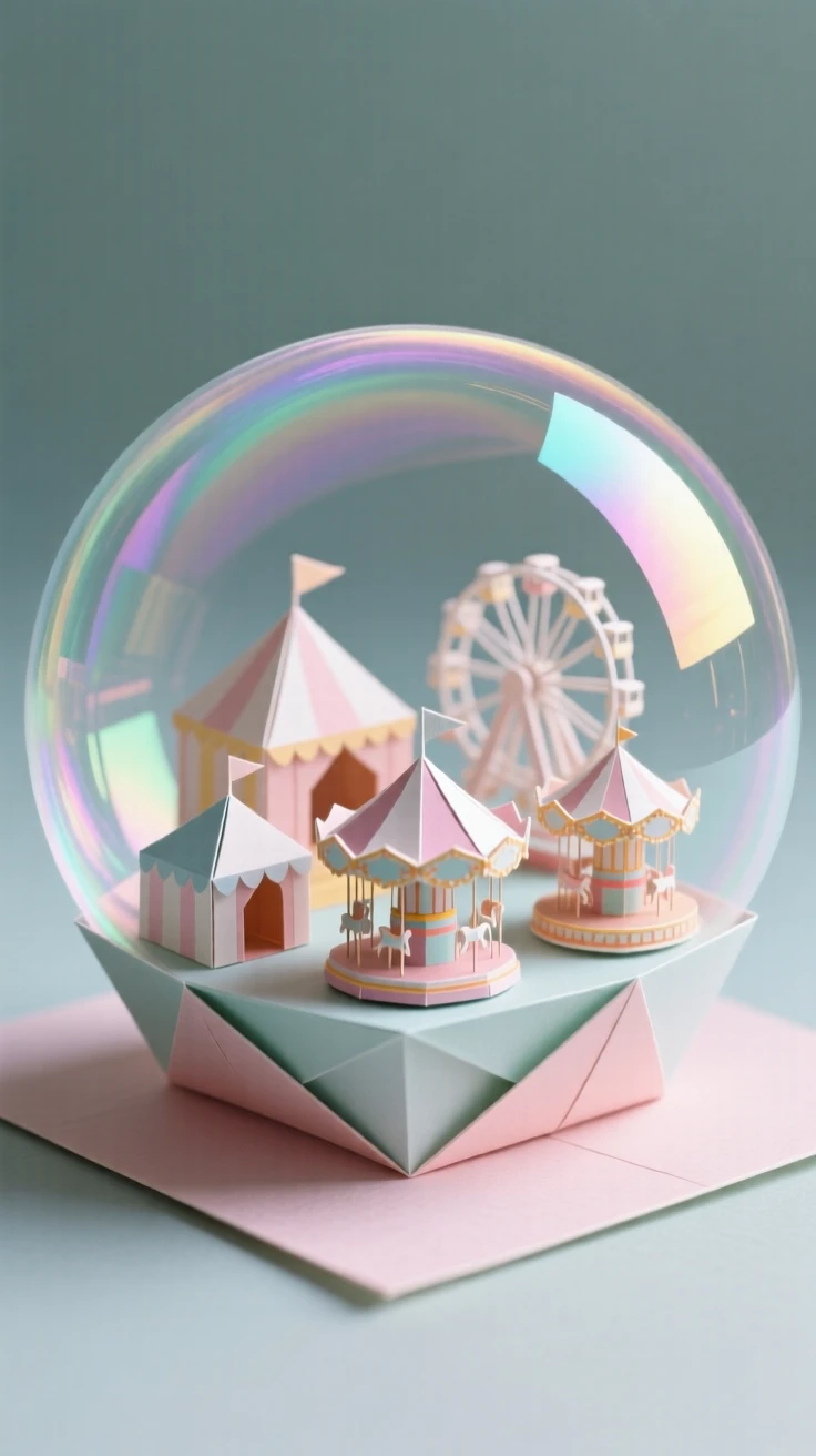 A single soap bubble reflecting an entire miniature carnival within its surface.