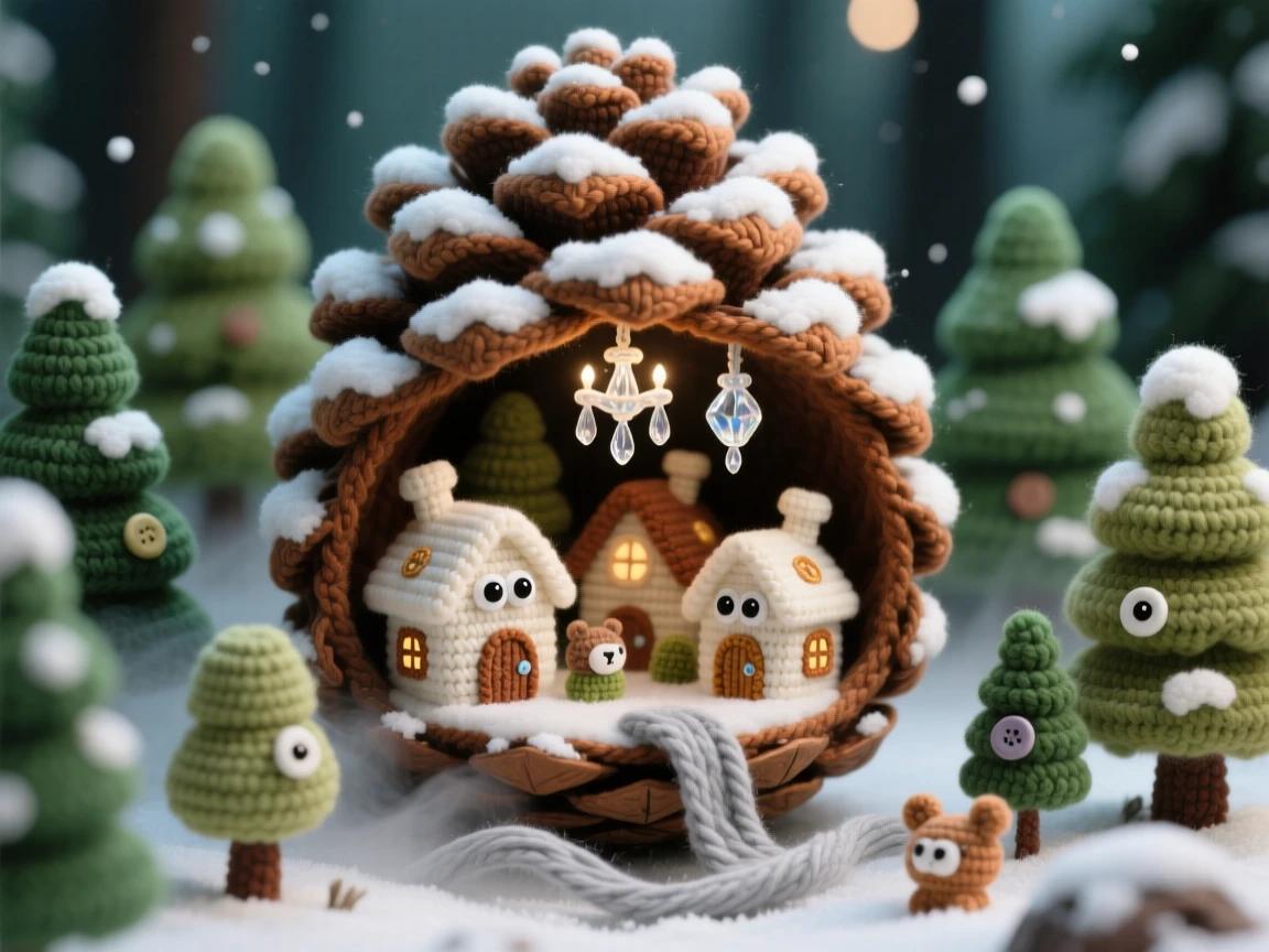 a tiny toy village built inside a giant snow-covered pinecone, with tiny icicle chandeliers, is shown nestled in a quiet winter forest, nestled within a softly glowing forest, surrounded by a small ribbon of drifting mist, radiating quiet delight in an impossible little world.
