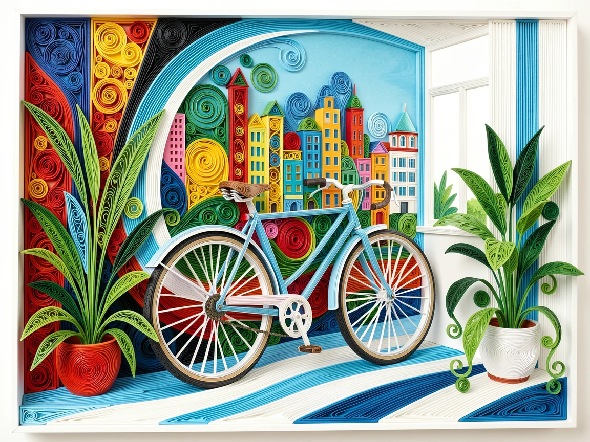 a stylish bicycle leaning against a colorful city mural, in a bright, plant-filled apartment, composed with clean modern lines and open space, in bright, clean tones of blue and white.