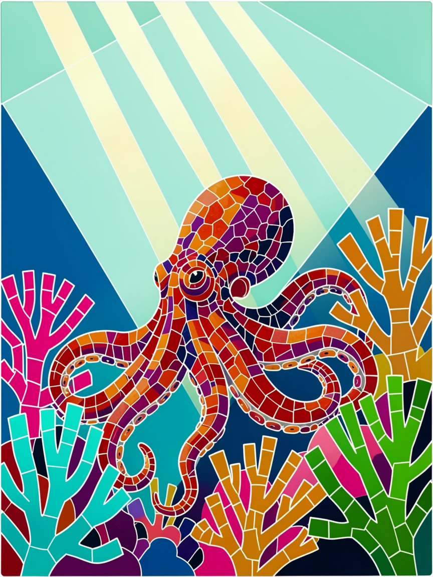 A vibrant octopus camouflaged among colorful coral formations, illuminated by soft rays of sunlight filtering through water.