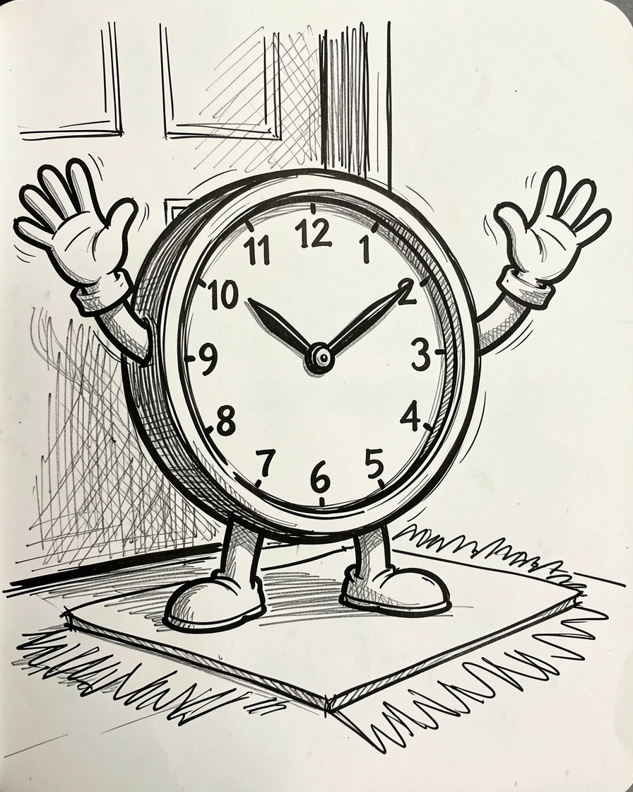 A clock with hands that look like waving arms on a school morning doorstep.