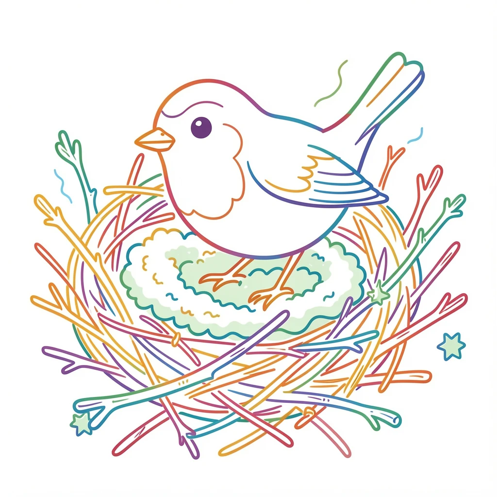 A close-up of a robin building a nest from twigs and soft moss.