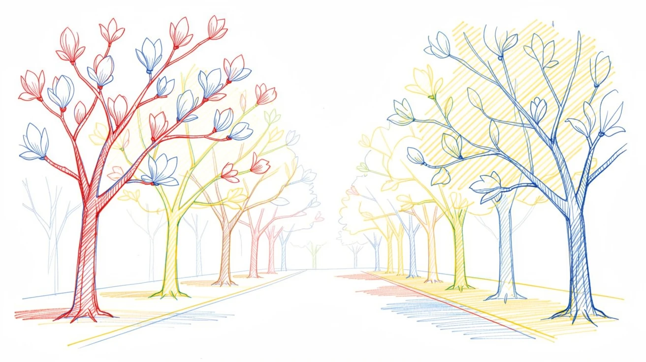 A field of blooming magnolia trees lining a quiet spring avenue