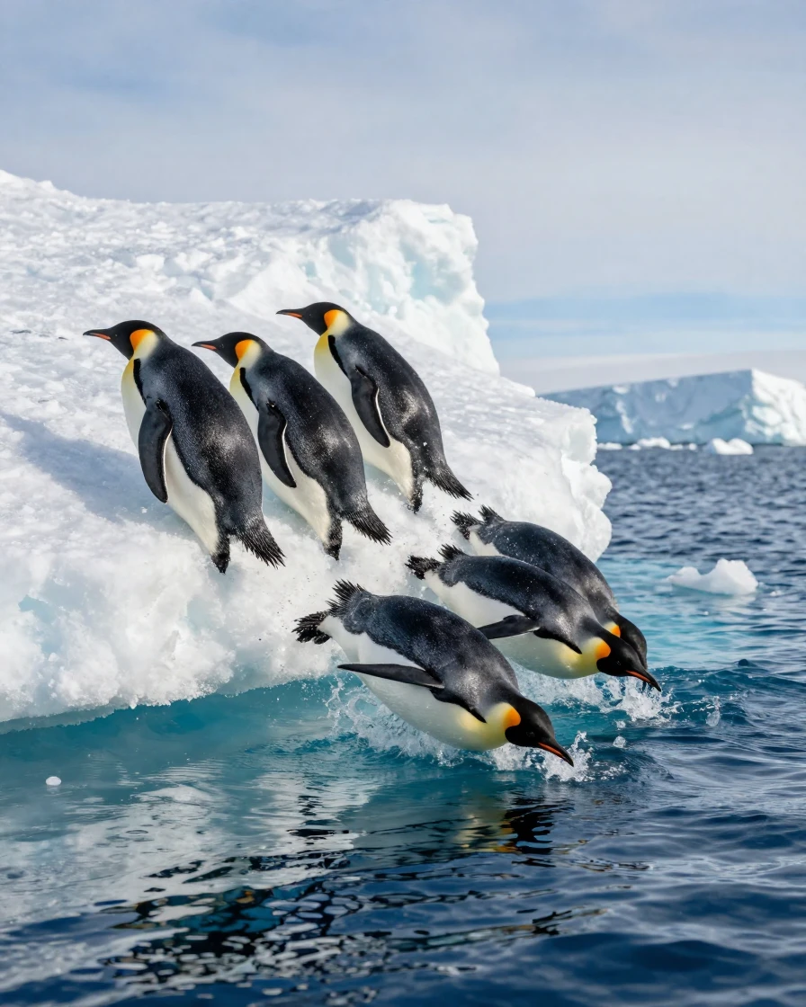 A group of penguins diving off an ice shelf together