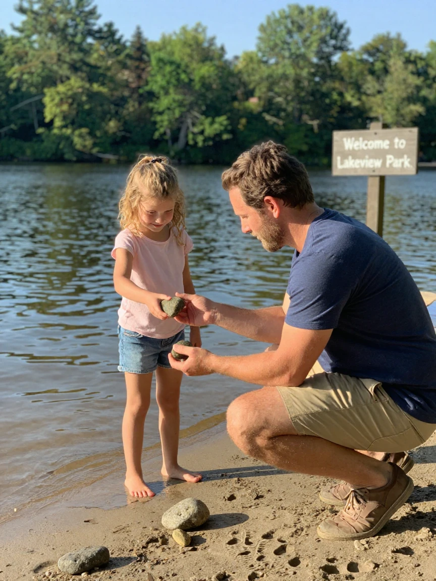 A man teaches his best friend's daughter how to skip rocks at a lake.