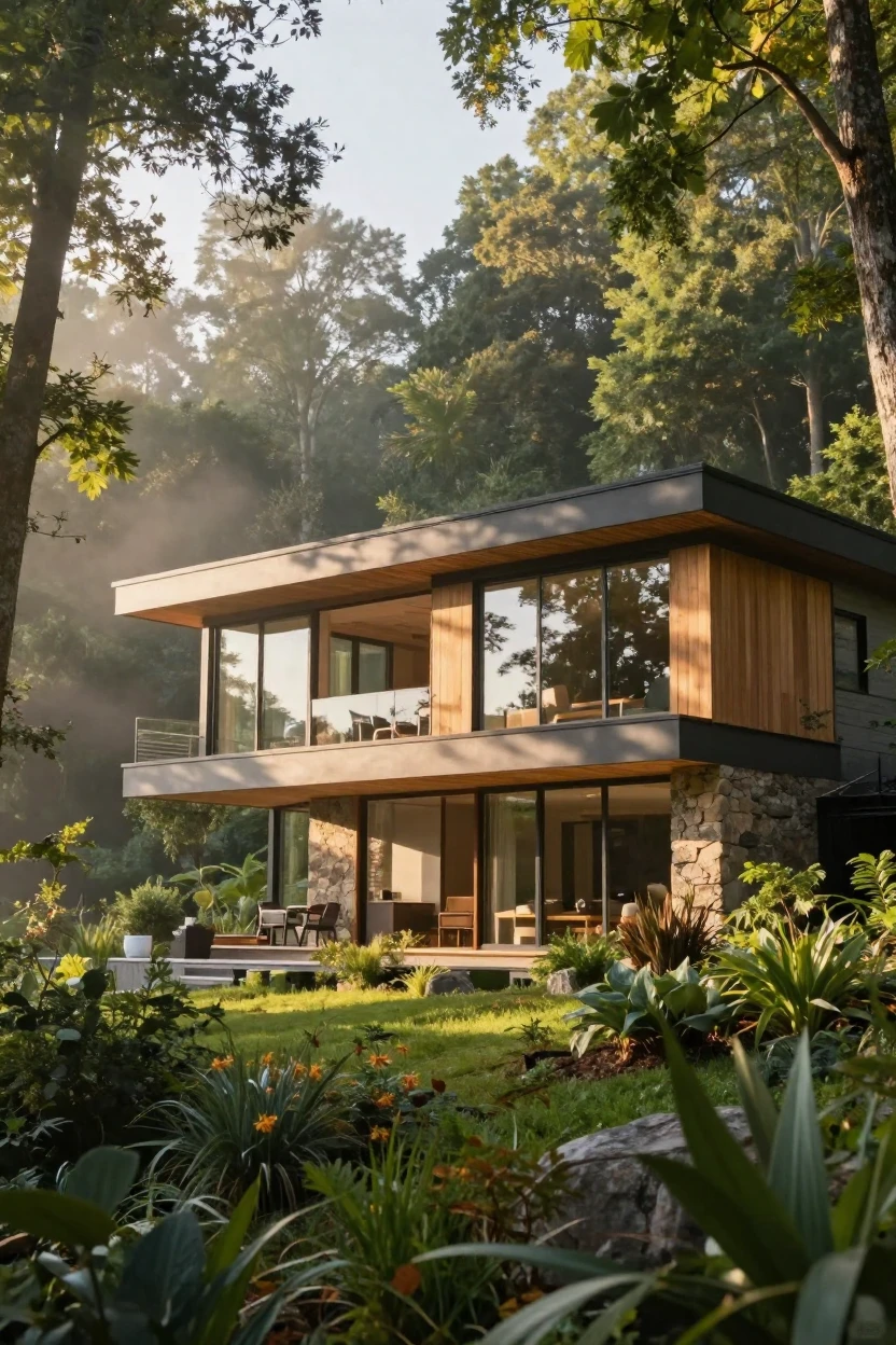 A modern home built into the side of a forested hill, welcoming and warm, as morning light spills through the windows