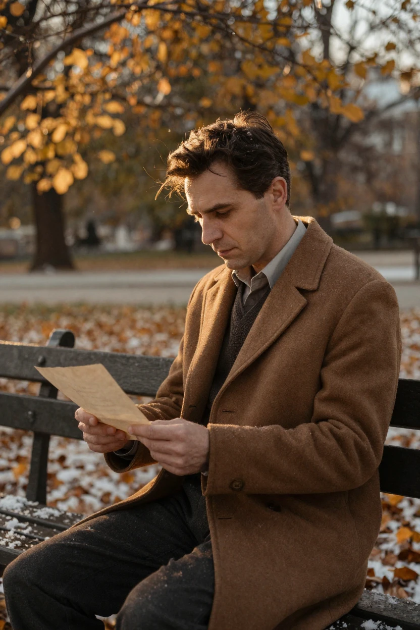 A man reading a letter on a park bench, lost in thought, under soft golden-hour light, with a soft breeze stirring the air, under the first snow of winter, dominated by warm amber and rust tones, at eye level, intimate and direct.