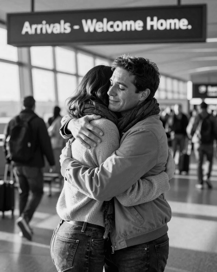 A couple embraces after a long separation at an airport arrivals gate.