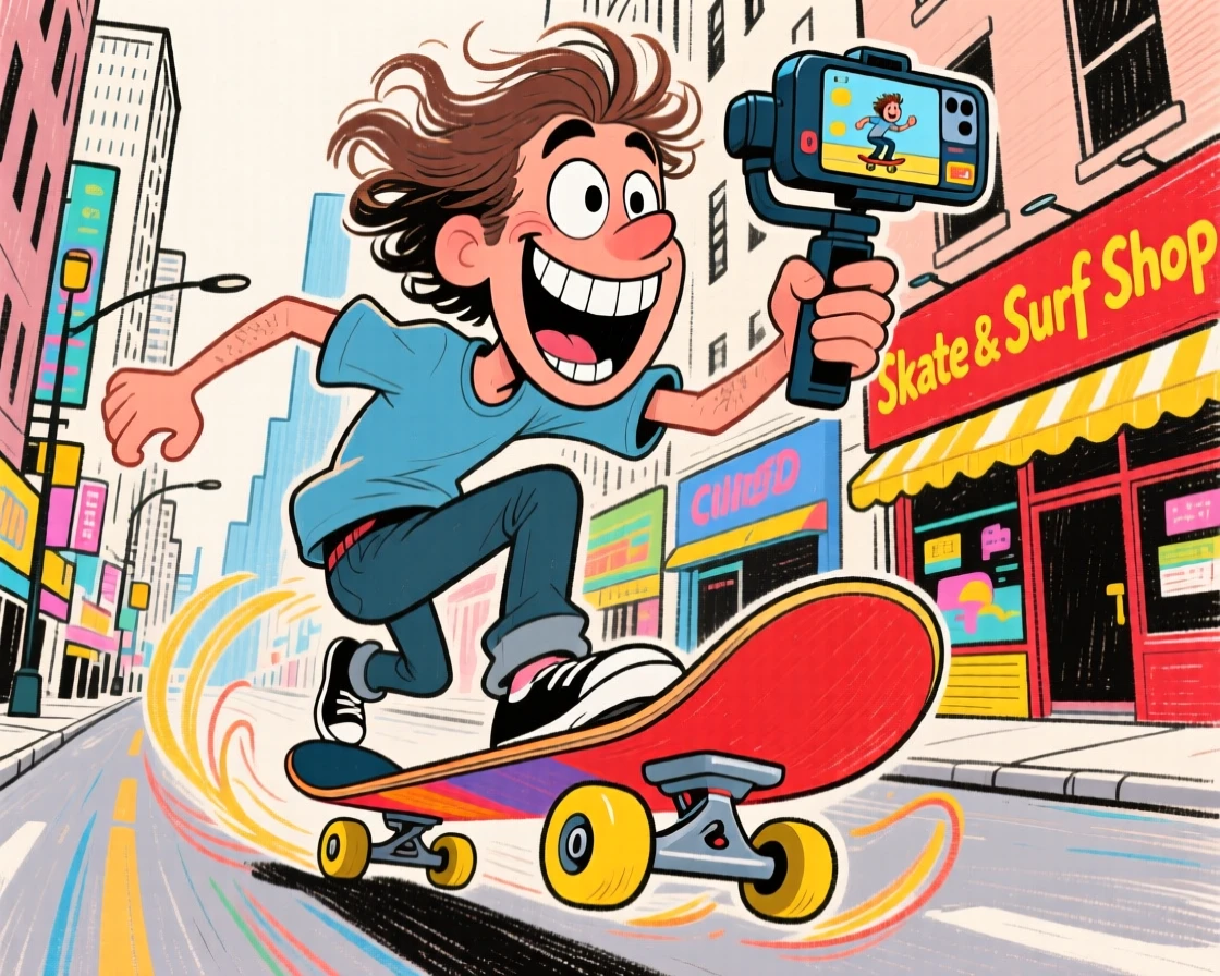 A man skateboarding through a city street, phone gimbal capturing the ride.