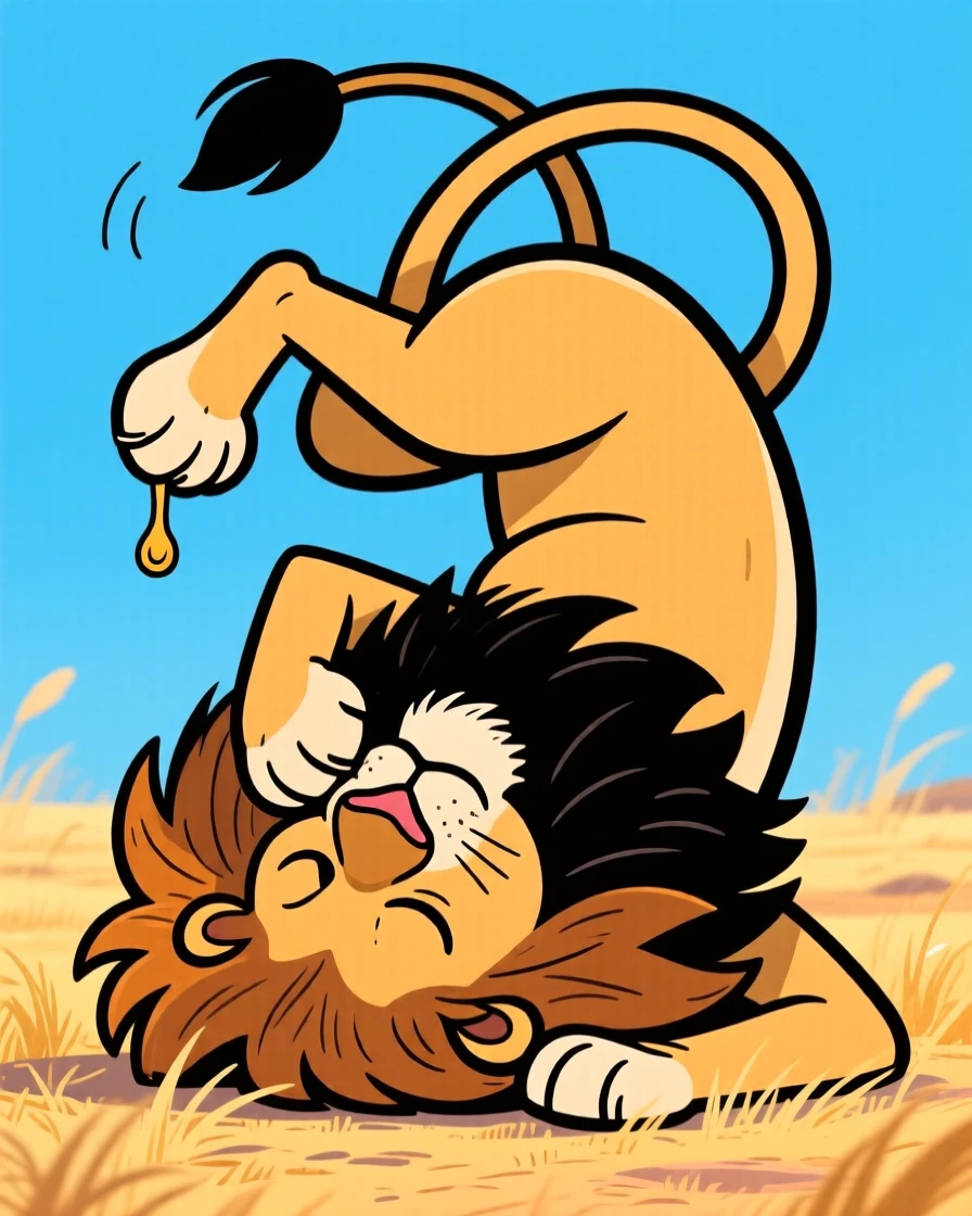 A charming animal moment featuring a proud lion napping in the most improbable position imaginable, with a mischievous glint in its eye.