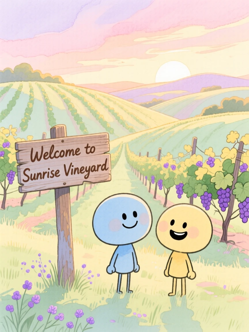 A serene landscape of a rolling vineyard bathed in warm light under a pastel dawn sky