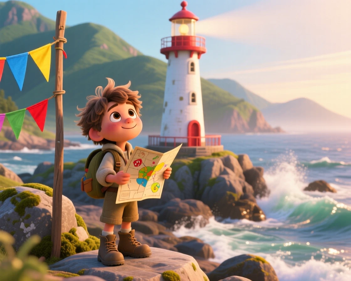 A young explorer with a map in hand stands beside a lighthouse on a rocky coastline, pausing to breathe in the fresh mountain air. A quiet excitement for discovery lingers in the air, with colorful flags fluttering nearby.