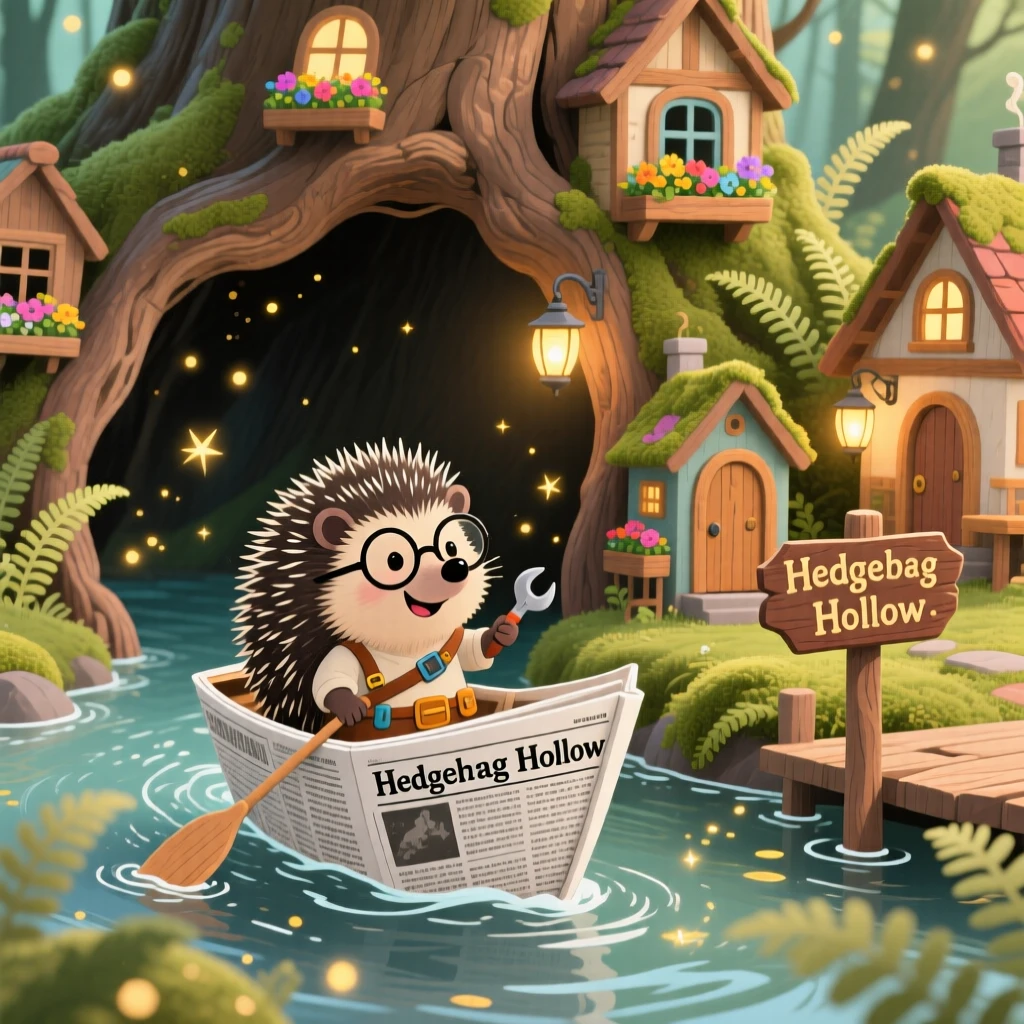 A hedgehog inventor delights in sailing a boat made from a folded newspaper, tucked within a village built inside a hollowed-out log, as gentle sparkles settle over the scene.