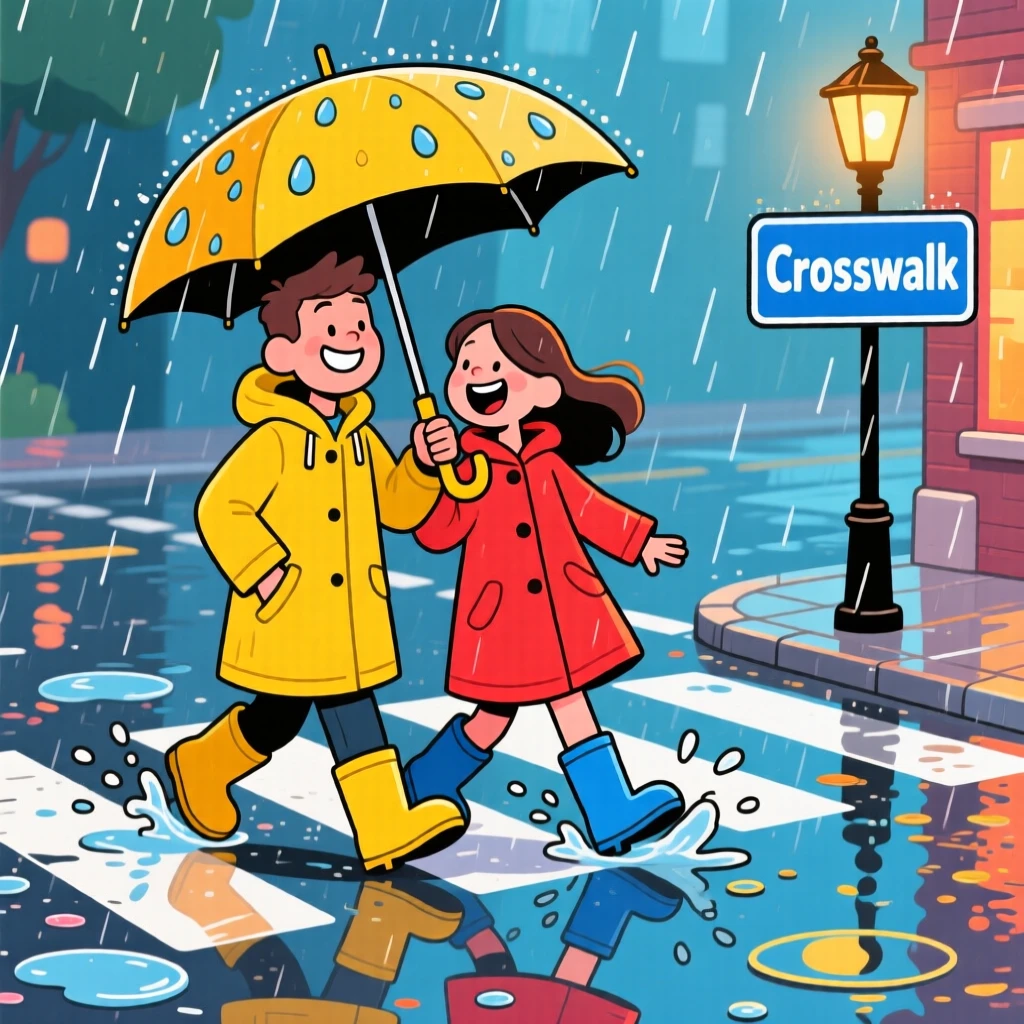 A couple sharing one umbrella while crossing a rain-soaked street.