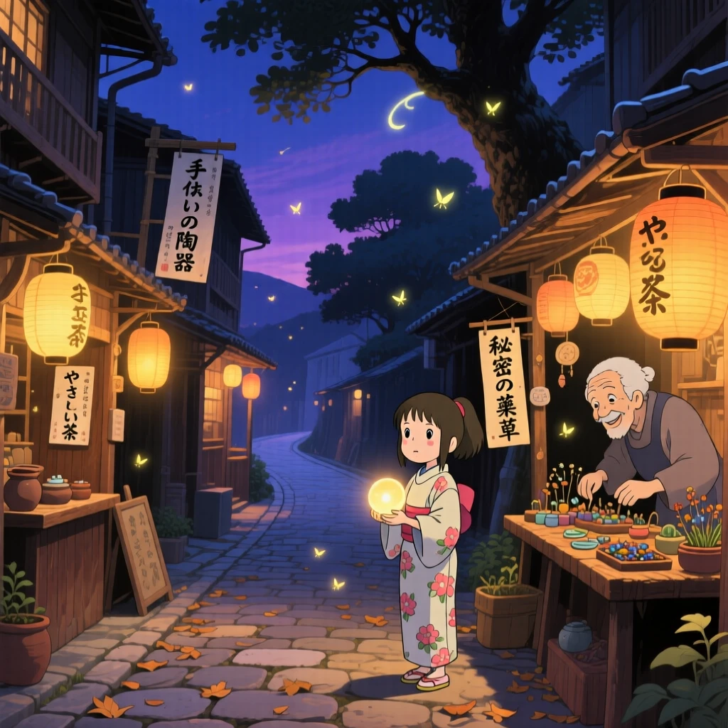 A nighttime scene of a lantern-lit street during a quiet night market, hushed and magical.