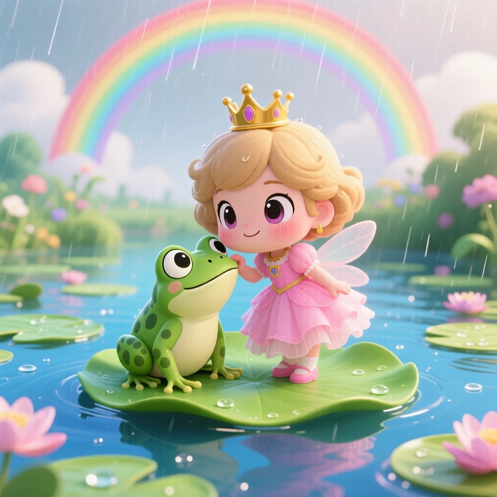 In a fairy-tale garden pond, a small princess is kissing a friendly frog on a lily pad under a rainbow after the rain, bathed in diffused overcast light, expression full of brave confidence. Shot as a symmetrical front-on view.