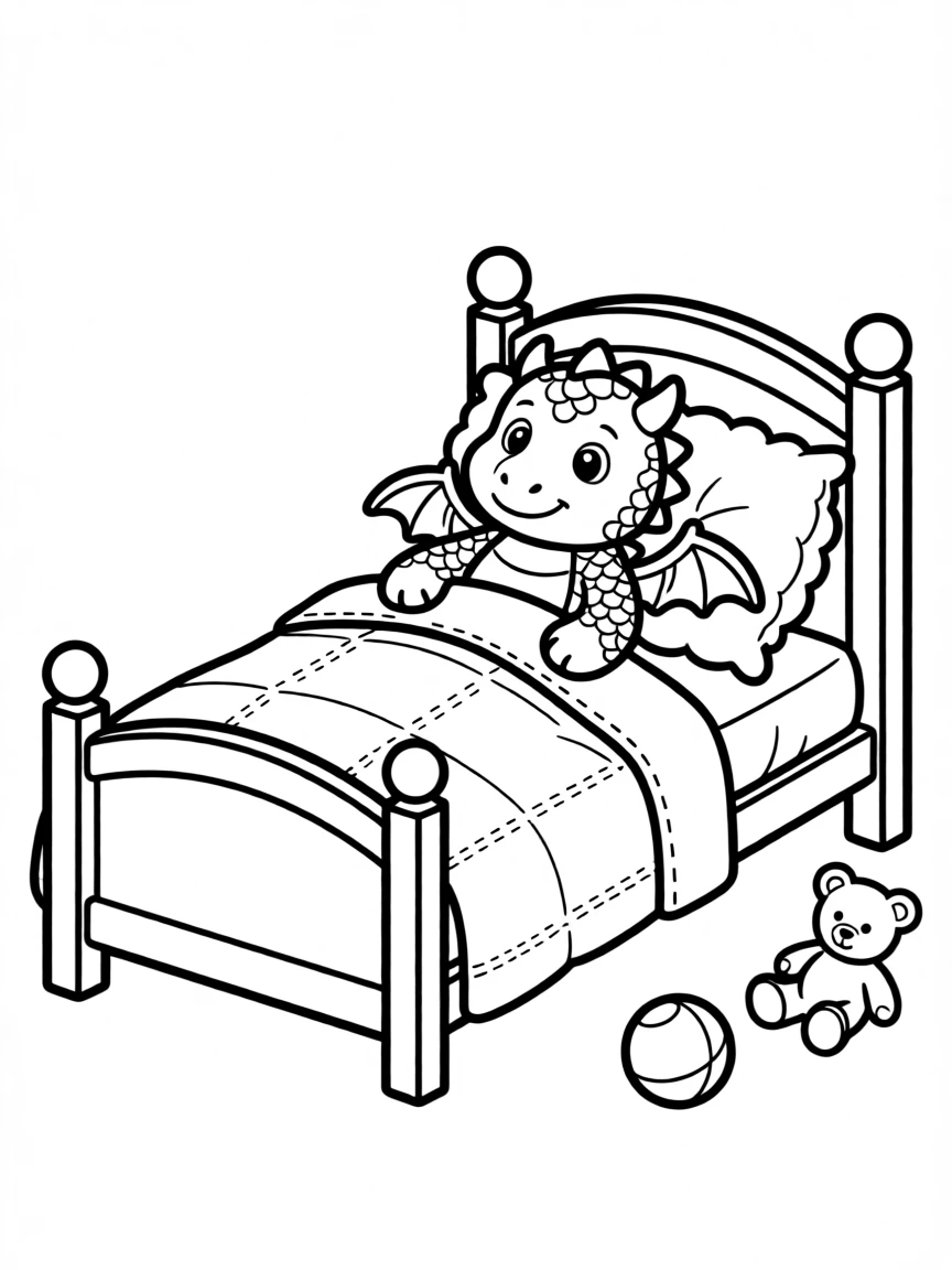 A stuffed dragon toy tucked into a cozy bed