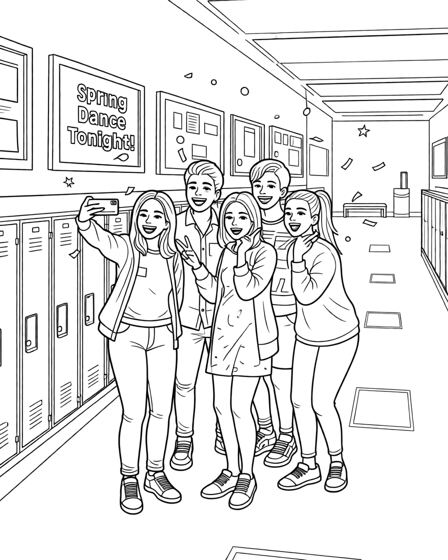 A group of friends taking a selfie in a school hallway, with confetti falling through the air.