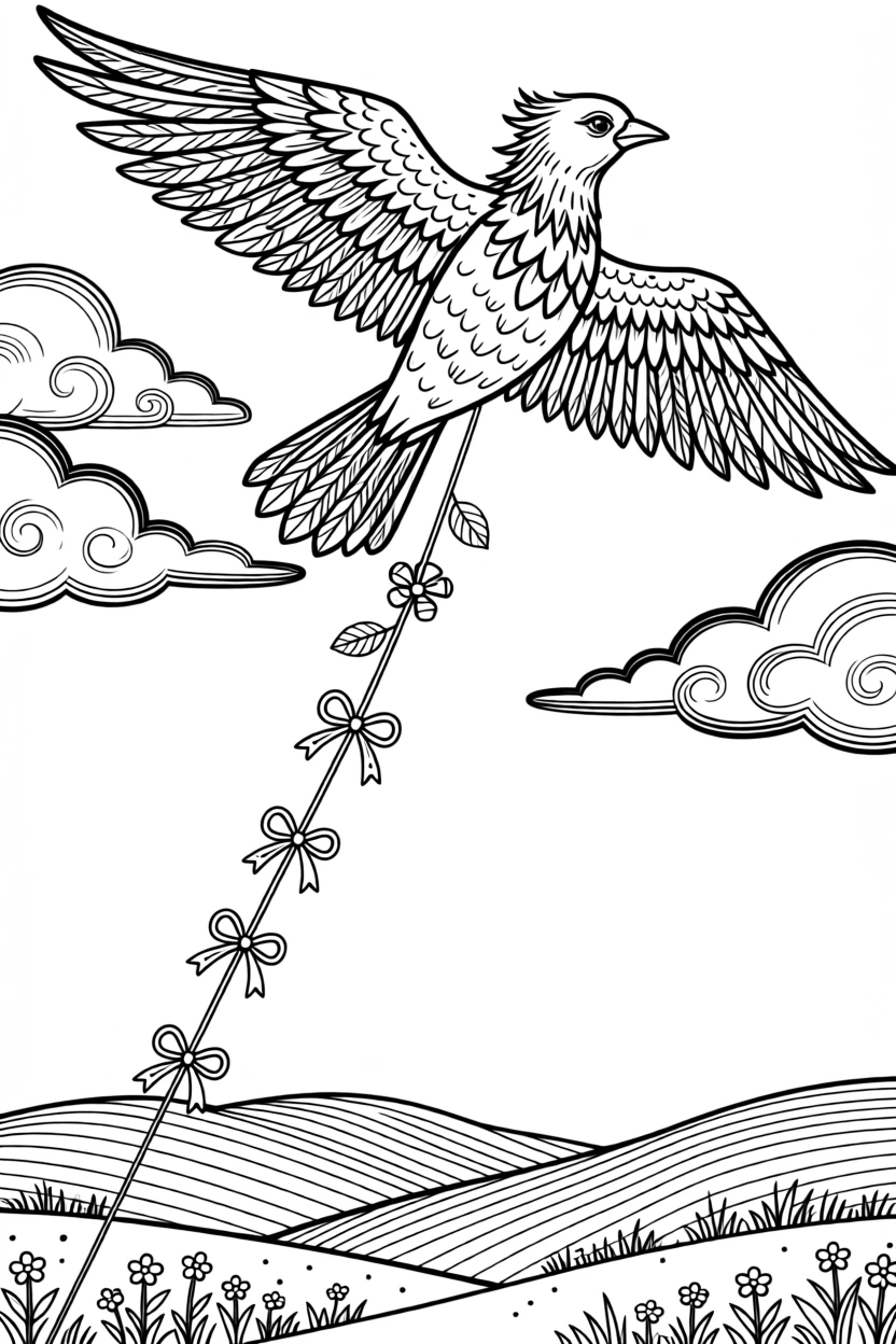 A single kite string leading up to a kite shaped like a soaring bird.