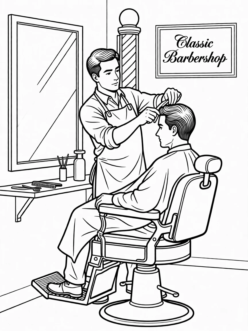 A barber cutting hair in a classic barbershop setting