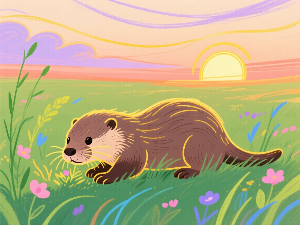 A baby otter grazing in a sunlit meadow at sunset.