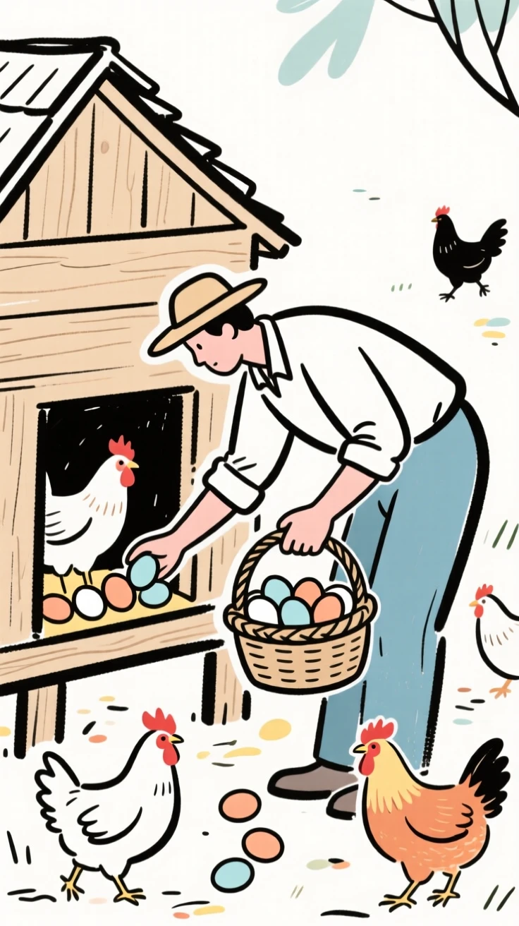 A farmer collecting fresh eggs from a coop full of chickens.