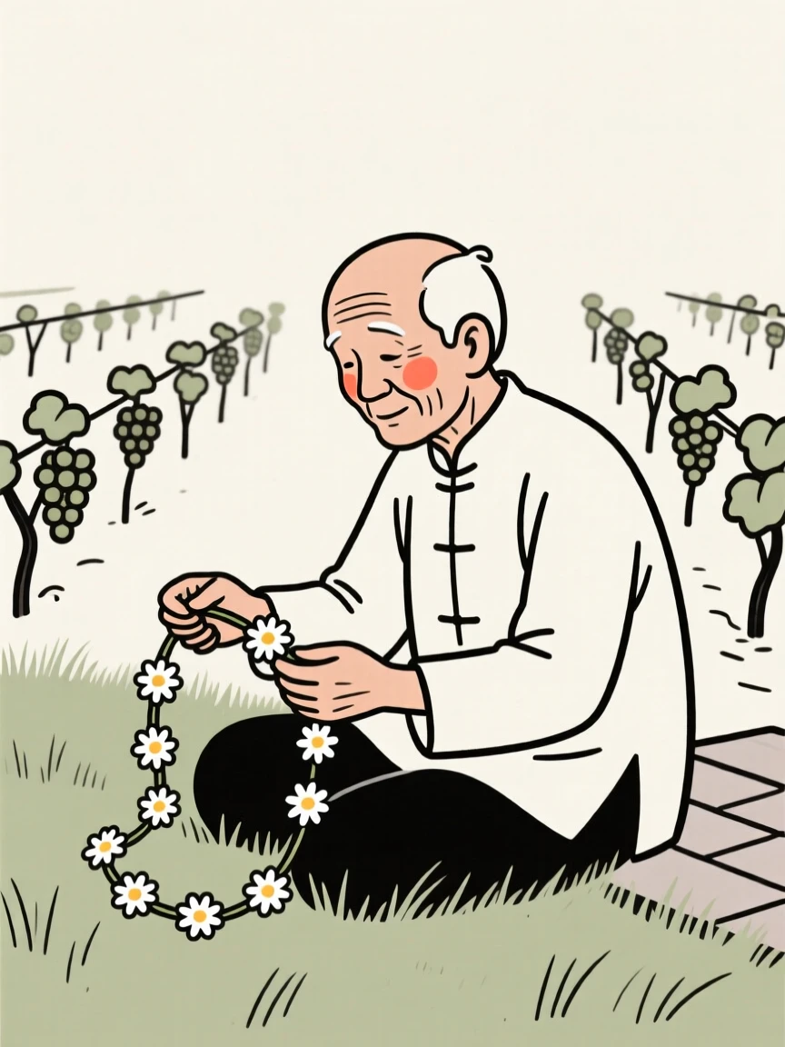 An elderly man of Vietnamese heritage making a daisy chain in the grass, on a vineyard terrace.
