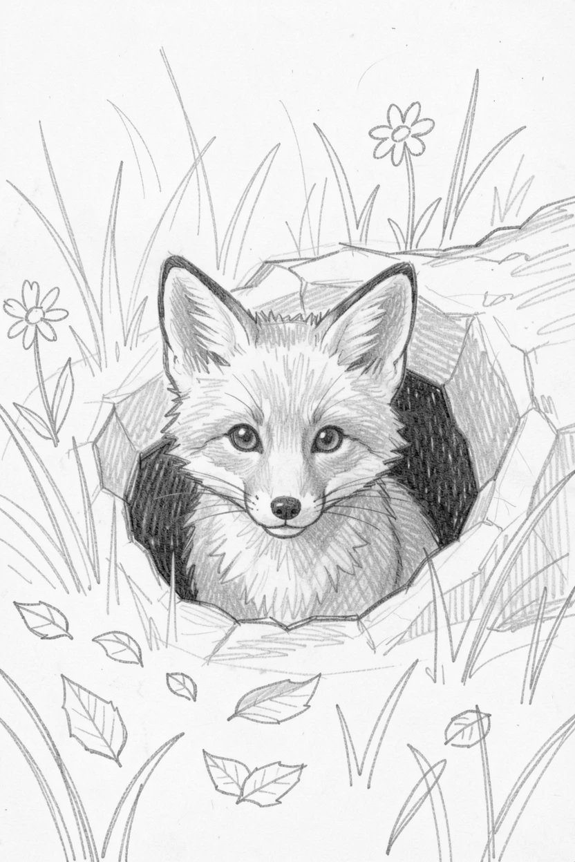 An irresistibly cute scene of a baby fox peeking out from its den in a sunlit garden, with big, curious eyes.