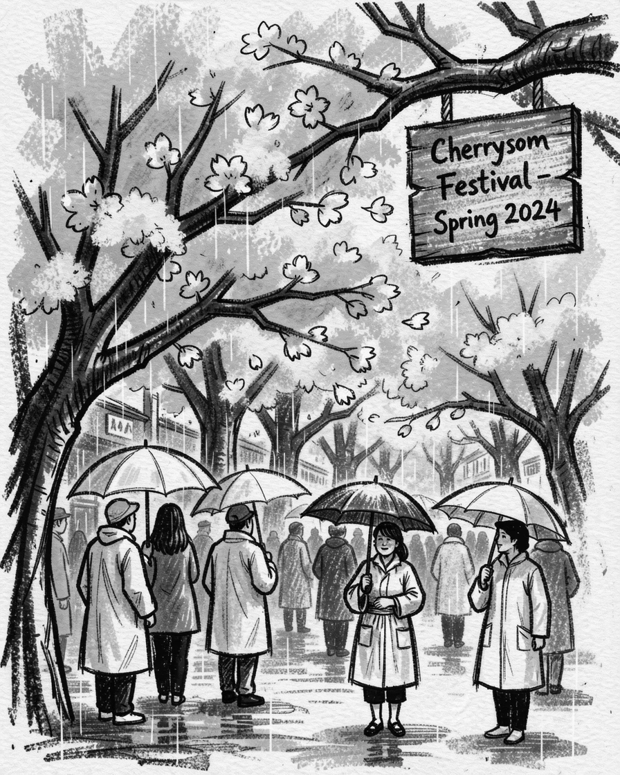 A springtime cherry blossom festival in full bloom, as gentle rain patters down around them.