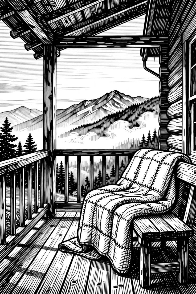 A cabin porch with a view of misty mountains as the last light of day fades gently away, with a folded quilt with hand-stitched patterns, evoking a calm and restorative sense of calm.