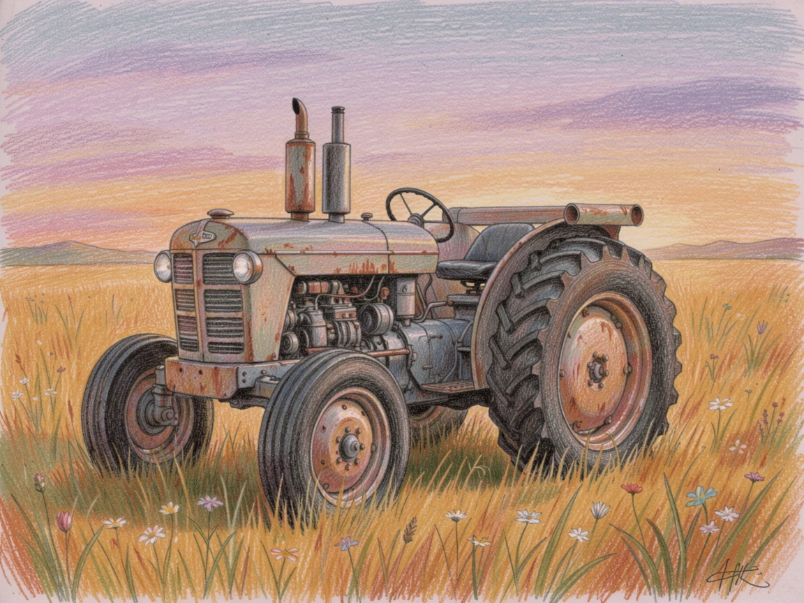 A countryside tractor resting in a golden field at dusk, with soft, natural light bringing warmth to every detail, celebrating a moment people would love to revisit.